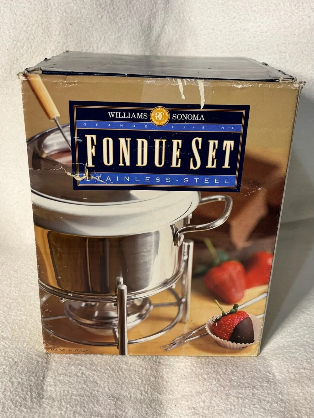 Williams Sonoma Stainless Steel and White Ceramic Fondue Set